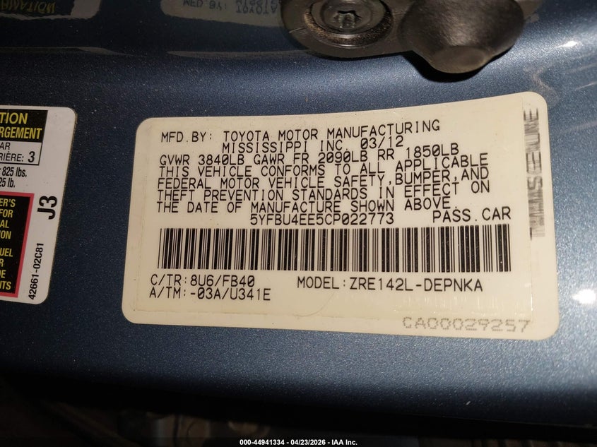 2012 Toyota Corolla VIN 5YFBU4EE5CP022773 IAAI salvage auction — REAR END, Wait Title, sold $3,725 on 2026-07-14 (photo 9)