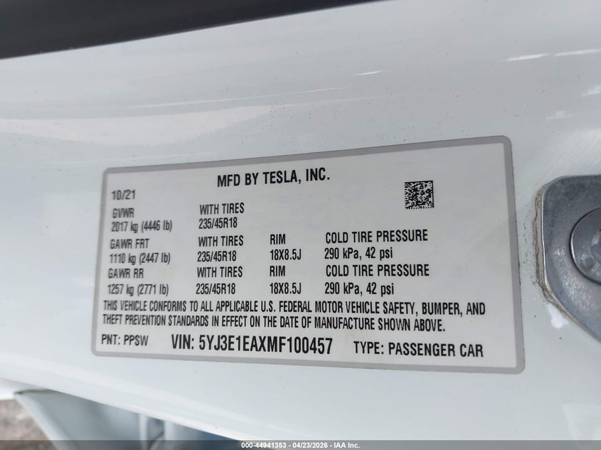2021 Tesla Model 3 VIN 5YJ3E1EAXMF100457 IAAI salvage auction — FRONT END, Original (Texas), sold $8,625 on 2026-07-09 (photo 9)