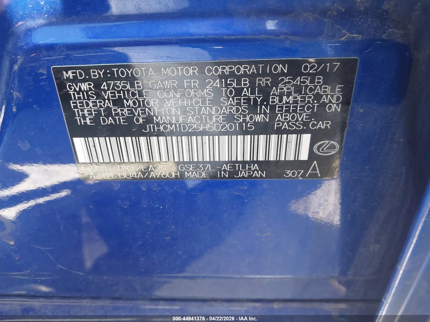 2017 Lexus Is VIN JTHCM1D25H5020115 IAAI salvage auction — FRONT END, Salvage Title, sold $7,500 on 2026-07-23 (photo 9)