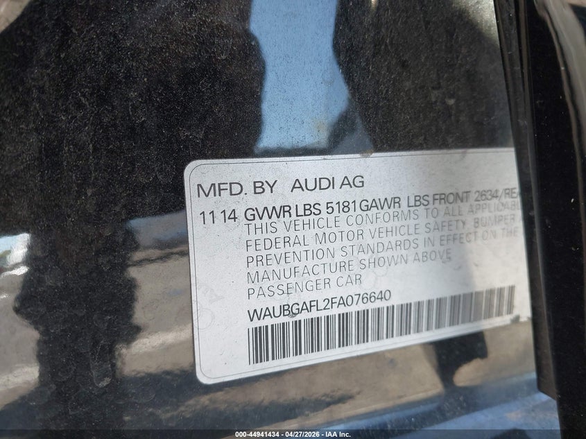 2015 Audi S4 VIN WAUBGAFL2FA076640 IAAI salvage auction — FRONT END, Salvage (New Jersey), sold $925 on 2026-07-29 (photo 9)