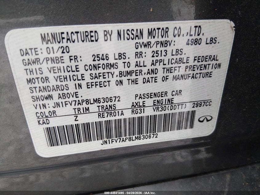 2020 Infiniti Q50 VIN JN1FV7AP8LM630672 IAAI salvage auction — THEFT, Salvage (North Carolina), sold $9,500 on 2026-07-10 (photo 9)