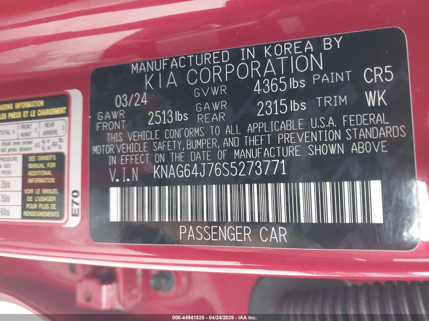 2025 Kia K5 VIN KNAG64J76S5273771 IAAI salvage auction — FRONT END, Salvage Title, sold $7,300 on 2026-07-30 (photo 9)
