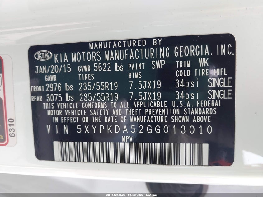 2016 Kia Sorento VIN 5XYPKDA52GG013010 IAAI salvage auction — FRONT END, Salvage (Illinois), sold $1,375 on 2026-07-07 (photo 9)