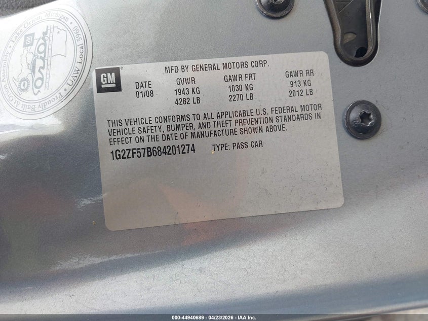2008 Pontiac G6 VIN 1G2ZF57B684201274 IAAI salvage auction — RIGHT SIDE, Salvage (Oregon), sold $325 on 2026-07-09 (photo 9)