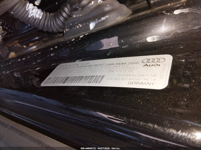 2006 Audi A8 VIN WAUML44E86N019619 IAAI salvage auction — FRONT END, Salvage (New Jersey), sold $25 on 2026-07-20 (photo 9)