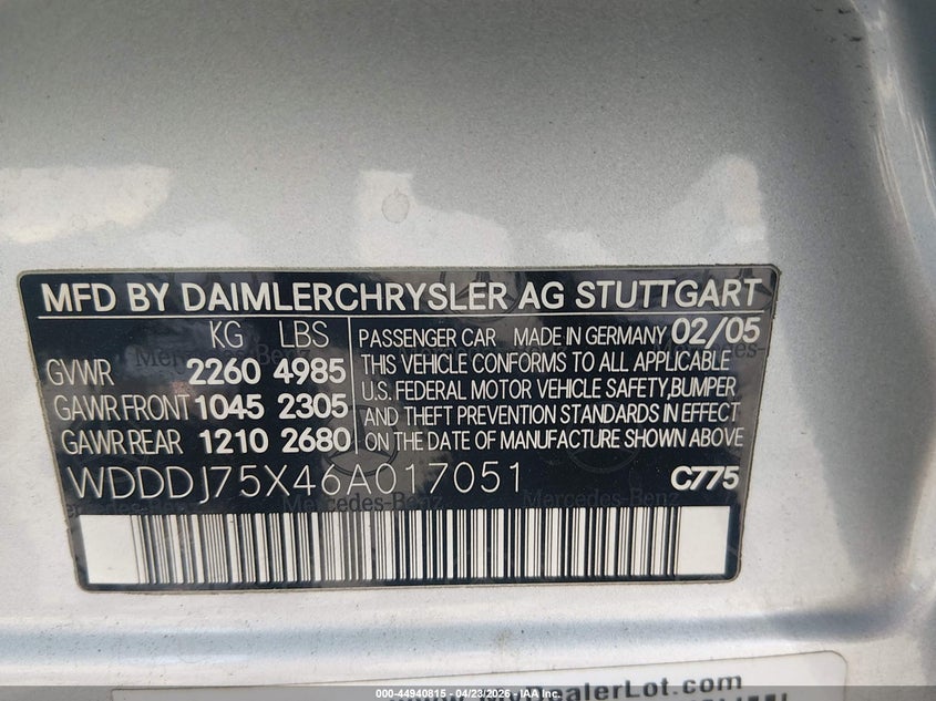 2006 Mercedes-benz Cls-class VIN WDDDJ75X46A017051 IAAI salvage auction — RIGHT FRONT, Salvage (South Carolina), sold $350 on 2026-07-08 (photo 9)