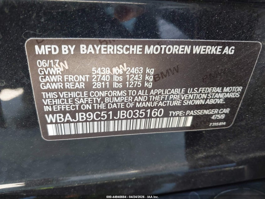 2018 BMW 5er VIN WBAJB9C51JB035160 IAAI salvage auction — LEFT SIDE, Rebuildable (Florida), sold $10,500 on 2026-07-08 (photo 9)