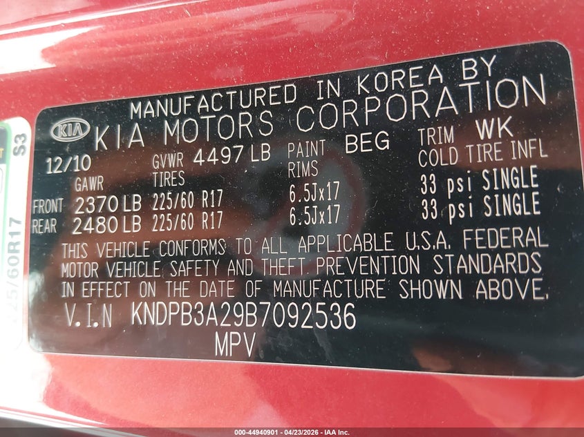 2011 Kia Sportage VIN KNDPB3A29B7092536 IAAI salvage auction — THEFT, Salvage (Pennsylvania), sold $1,450 on 2026-07-31 (photo 9)