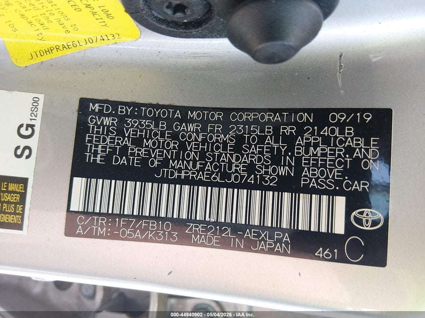 2020 Toyota Corolla VIN JTDHPRAE6LJ074132 IAAI salvage auction — FRONT END, Salvage (South Carolina), sold $2,575 on 2026-07-29 (photo 9)