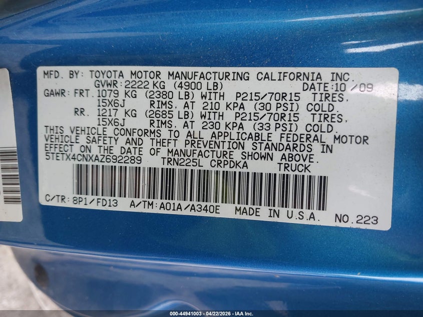 2010 Toyota Tacoma VIN 5TETX4CNXAZ692289 IAAI salvage auction — NORMAL WEAR, Salvage (Texas), sold $3,450 on 2026-07-14 (photo 9)