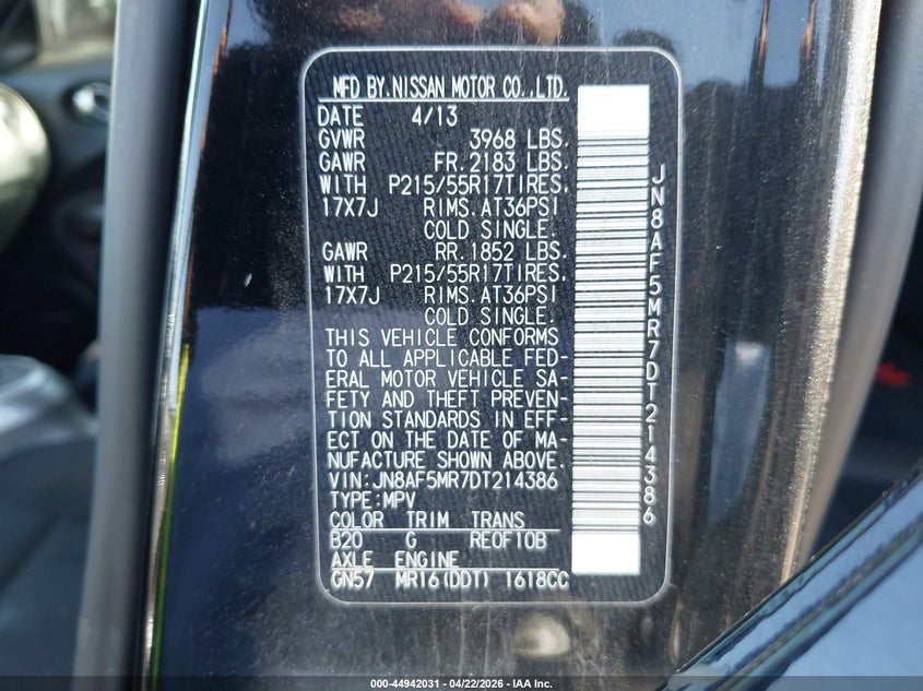 2013 Nissan Juke VIN JN8AF5MR7DT214386 IAAI salvage auction — NORMAL WEAR, Salvage Title, sold $475 on 2026-07-28 (photo 9)