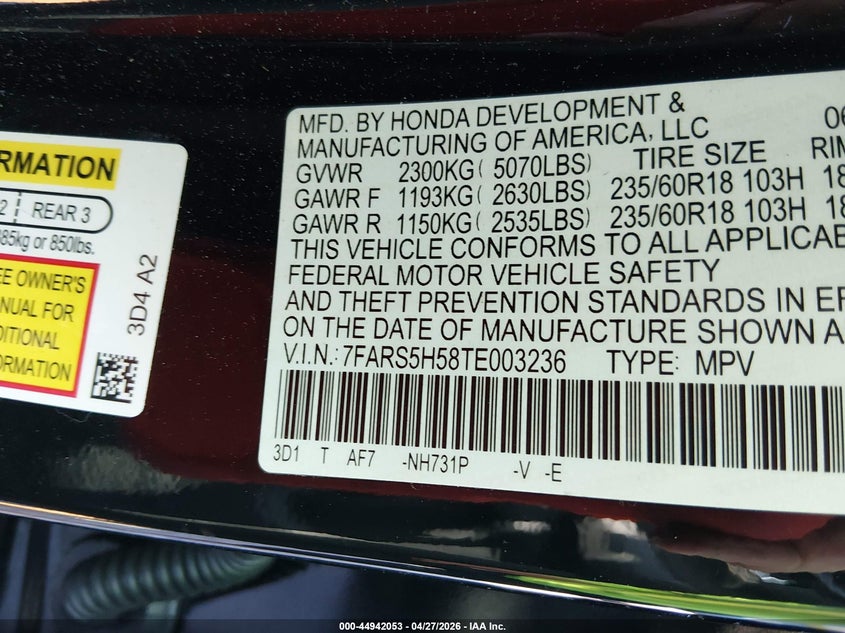 2026 Honda Cr-v VIN 7FARS5H58TE003236 IAAI salvage auction — FRONT END, Salvage (Alabama), sold $1,300 on 2026-07-18 (photo 9)