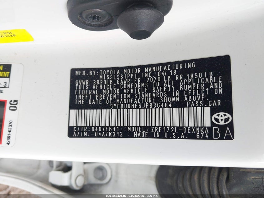 2018 Toyota Corolla VIN 5YFBURHE6JP836484 IAAI salvage auction — FRONT END, Salvage Title, sold $2,600 on 2026-07-29 (photo 9)