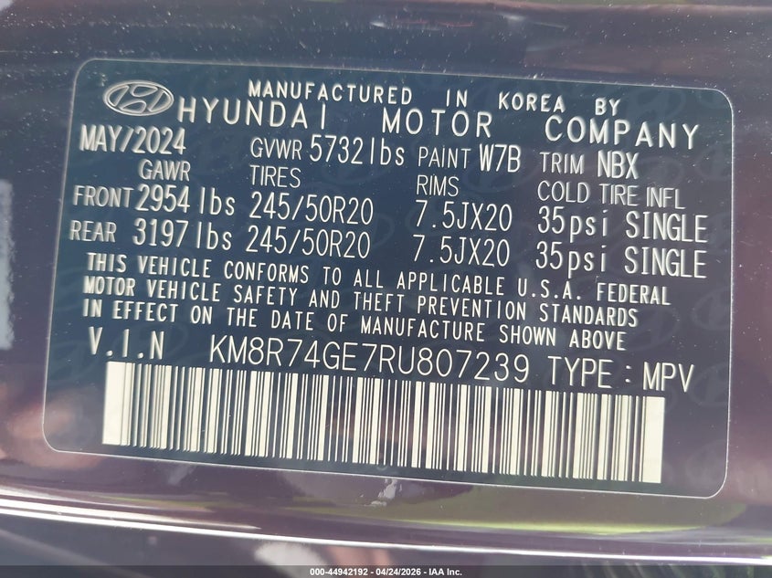 2024 Hyundai Palisade VIN KM8R74GE7RU807239 IAAI salvage auction — FRONT END, Salvage Title, sold $15,075 on 2026-07-22 (photo 9)