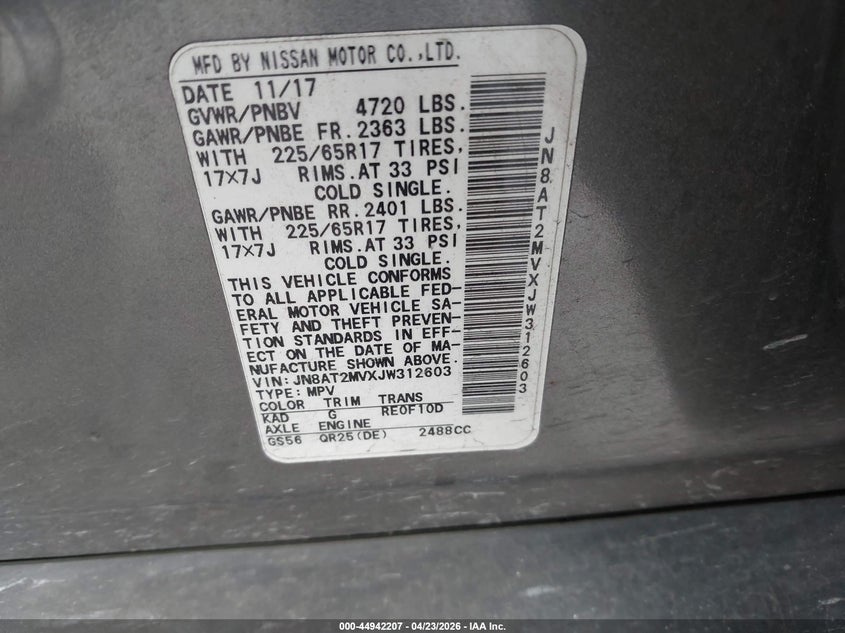 2018 Nissan Rogue VIN JN8AT2MVXJW312603 IAAI salvage auction — FRONT & REAR, Wait Title, sold $2,700 on 2026-07-07 (photo 9)