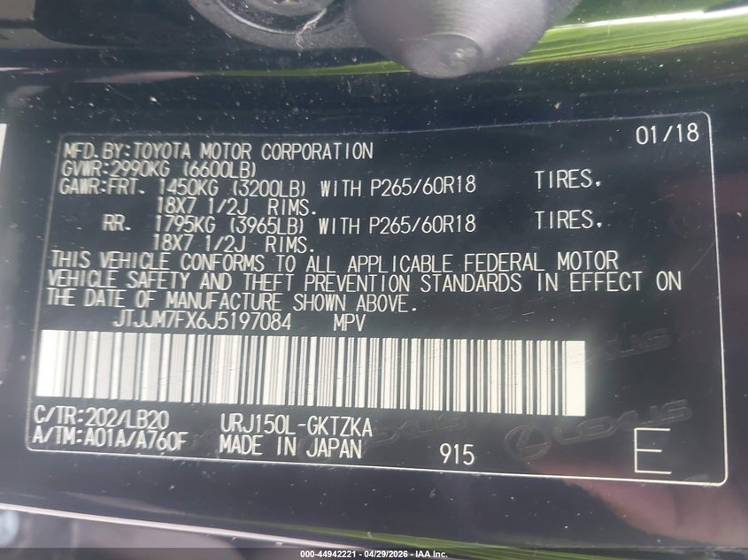 2018 Lexus Gx VIN JTJJM7FX6J5197084 IAAI salvage auction — FRONT END, Salvage (Texas), sold $10,750 on 2026-07-23 (photo 9)