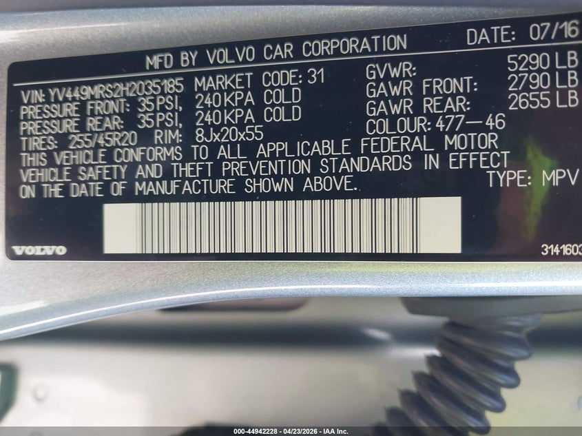 2017 Volvo Xc60 VIN YV449MRS2H2035185 IAAI salvage auction — REAR END, Wait Title, sold $6,150 on 2026-07-10 (photo 9)
