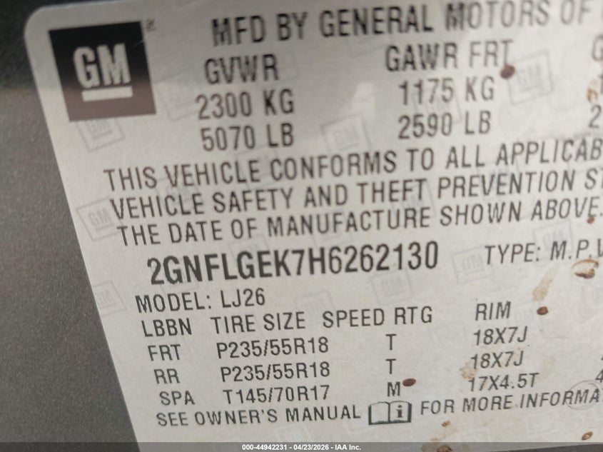 2017 Chevrolet Equinox VIN 2GNFLGEK7H6262130 IAAI salvage auction — FRONT END, Salvage Title, sold $1,375 on 2026-07-20 (photo 9)