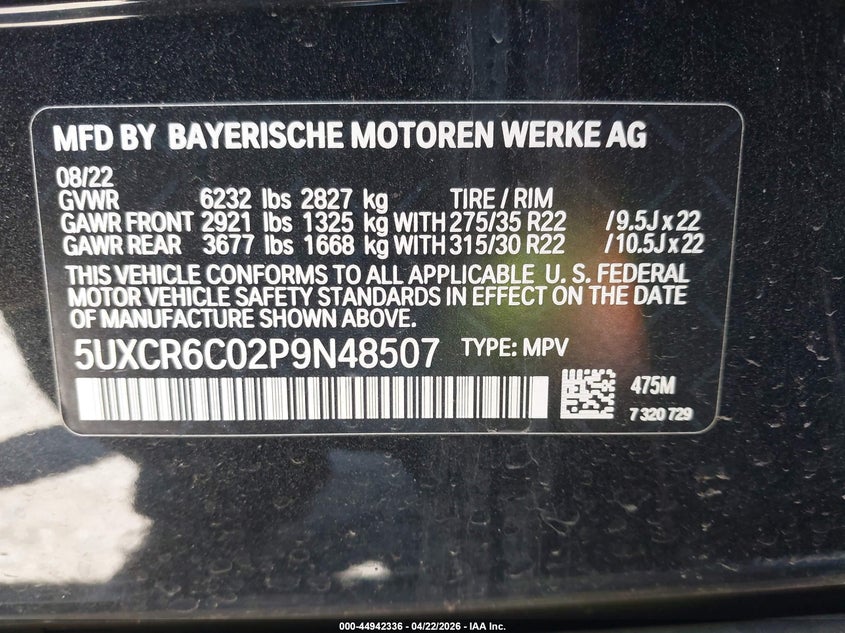 2023 BMW X5 VIN 5UXCR6C02P9N48507 IAAI salvage auction — RIGHT FRONT, Wait Title, sold $22,800 on 2026-07-16 (photo 9)