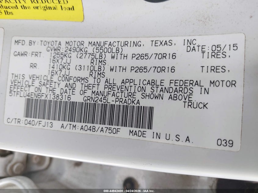 2015 Toyota Tacoma VIN 5TFLU4EN6FX138316 IAAI salvage auction — LEFT FRONT, Salvage Title, sold $6,800 on 2026-07-28 (photo 9)