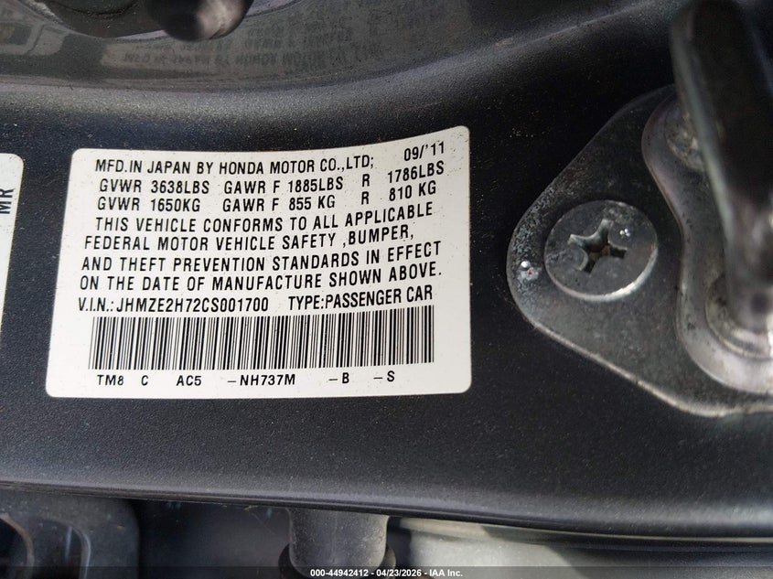 2012 Honda Insight VIN JHMZE2H72CS001700 IAAI salvage auction — NORMAL WEAR, Salvage Title, sold $350 on 2026-07-21 (photo 9)
