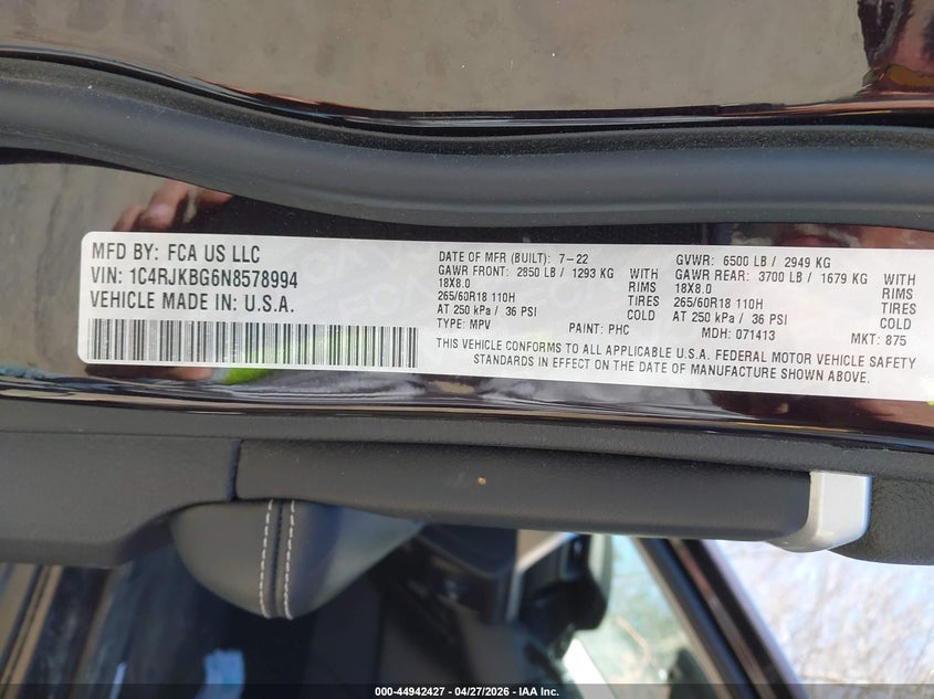 2022 Jeep Grand cherokee VIN 1C4RJKBG6N8578994 IAAI salvage auction — UNKNOWN, Salvage (Maine), sold $12,750 on 2026-07-30 (photo 9)