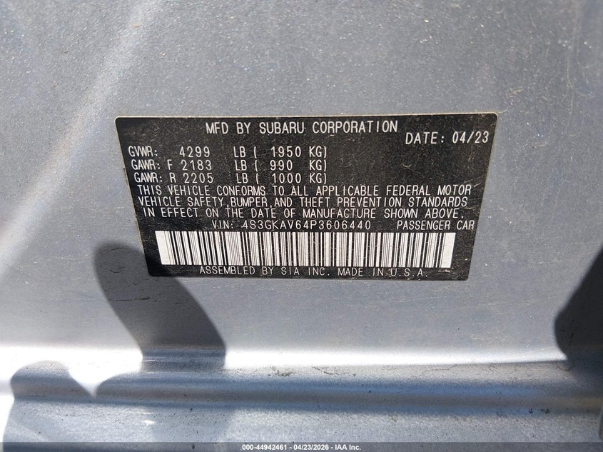 2023 Subaru Impreza VIN 4S3GKAV64P3606440 IAAI salvage auction — FRONT & REAR, Wait Title, sold $775 on 2026-07-09 (photo 9)