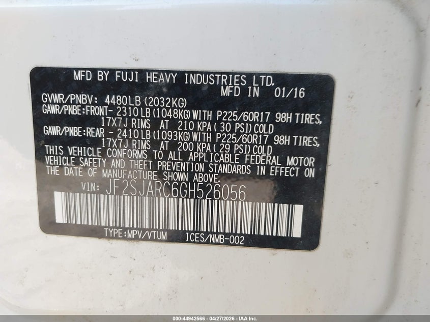2016 Subaru Forester VIN JF2SJARC6GH526056 IAAI salvage auction — REAR END, Salvage (Vermont), sold $1,700 on 2026-07-30 (photo 9)