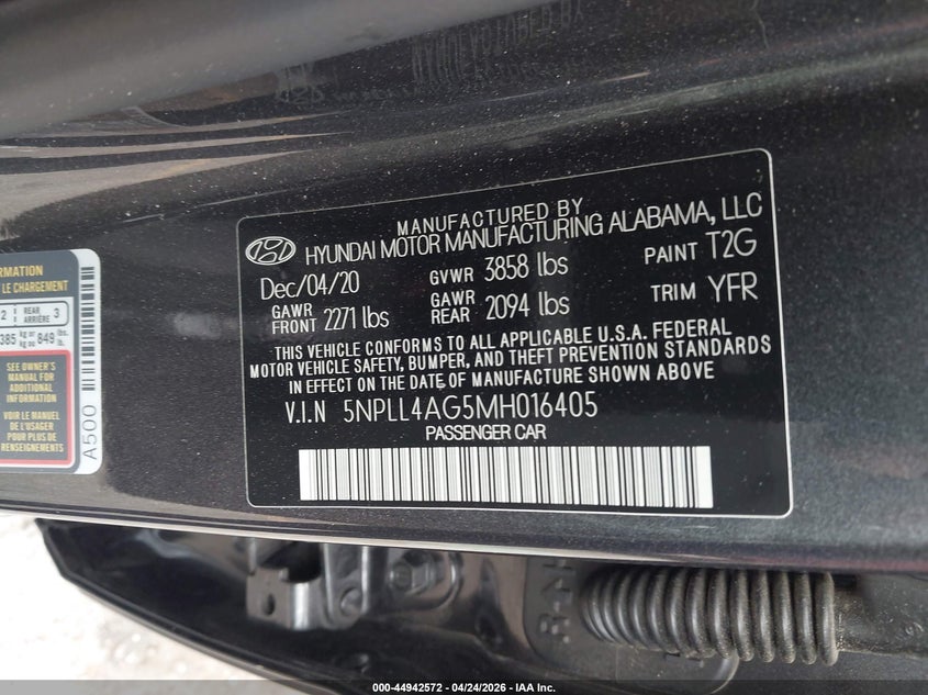 2021 Hyundai Elantra VIN 5NPLL4AG5MH016405 IAAI salvage auction — FRONT & REAR, Original (Texas), sold $2,250 on 2026-07-15 (photo 9)