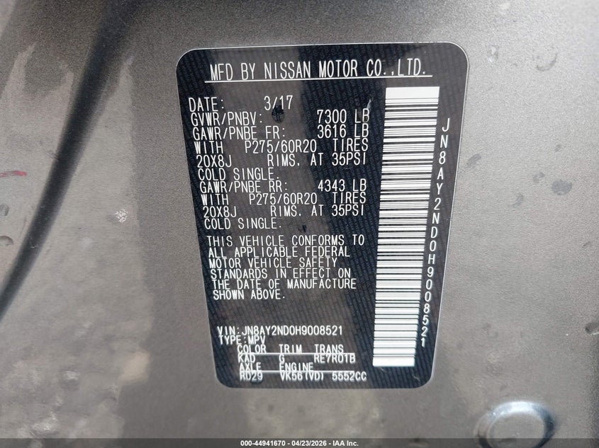 2017 Nissan Armada VIN JN8AY2ND0H9008521 IAAI salvage auction — FRONT END, Clear (Arkansas), sold $1,950 on 2026-07-08 (photo 9)