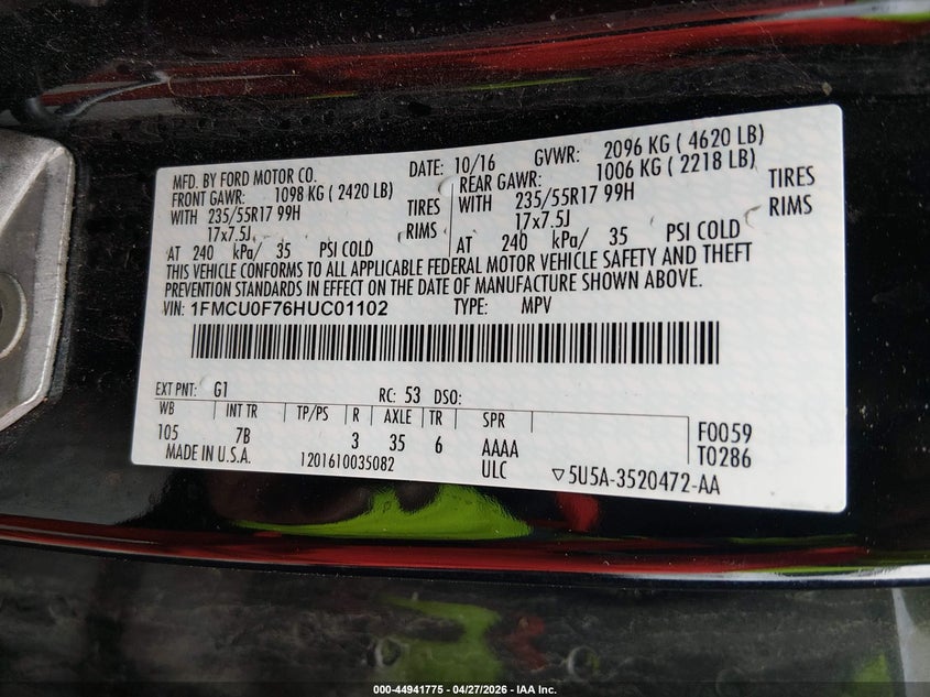 2017 Ford Escape VIN 1FMCU0F76HUC01102 IAAI salvage auction — LEFT SIDE, Salvage Title, sold $400 on 2026-07-19 (photo 9)