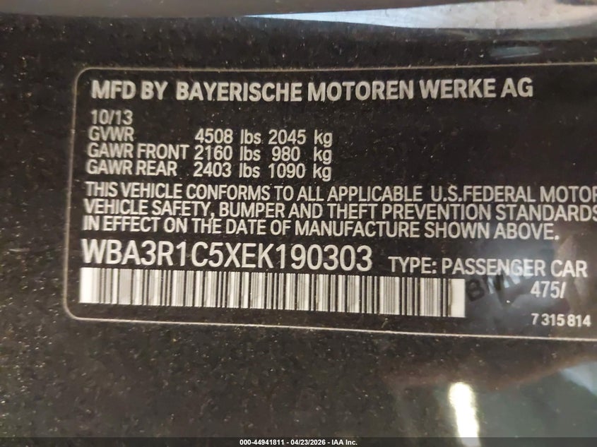 2014 BMW 4er VIN WBA3R1C5XEK190303 IAAI salvage auction — LEFT SIDE, Wait Title, sold $3,600 on 2026-08-12 (photo 9)