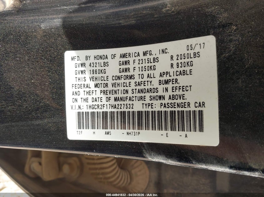 2017 Honda Accord VIN 1HGCR2F17HA227532 IAAI salvage auction — FRONT END, Salvage Title, sold $2,150 on 2026-07-12 (photo 9)