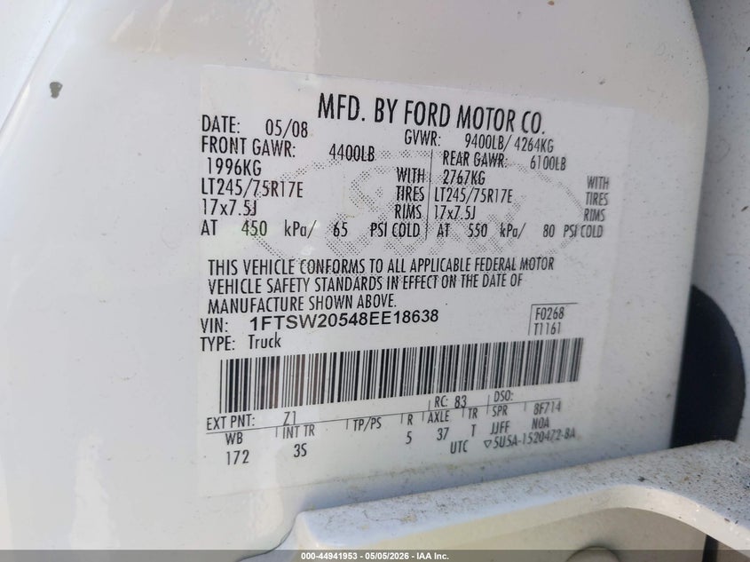 2008 Ford F250 VIN 1FTSW20548EE18638 IAAI salvage auction — LEFT SIDE, Salvage (North Carolina), sold $1,450 on 2026-07-09 (photo 9)