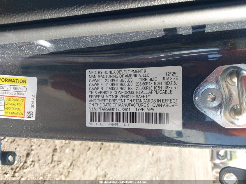 2026 Honda Cr-v VIN 7FARS6H81TE072611 IAAI salvage auction — STRIPPED, Salvage (Pennsylvania), sold $9,500 on 2026-07-24 (photo 9)