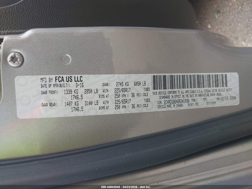2016 Dodge Caravan VIN 2C4RDGBG4GR341030 IAAI salvage auction — FRONT END, Original (Texas), sold $1,725 on 2026-07-09 (photo 9)