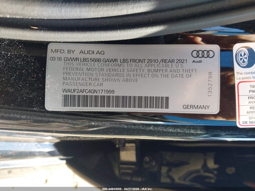 2016 Audi S6 VIN WAUF2AFC4GN171999 IAAI salvage auction — FRONT END, Salvage (Rhode Island), sold $1,250 on 2026-07-28 (photo 9)
