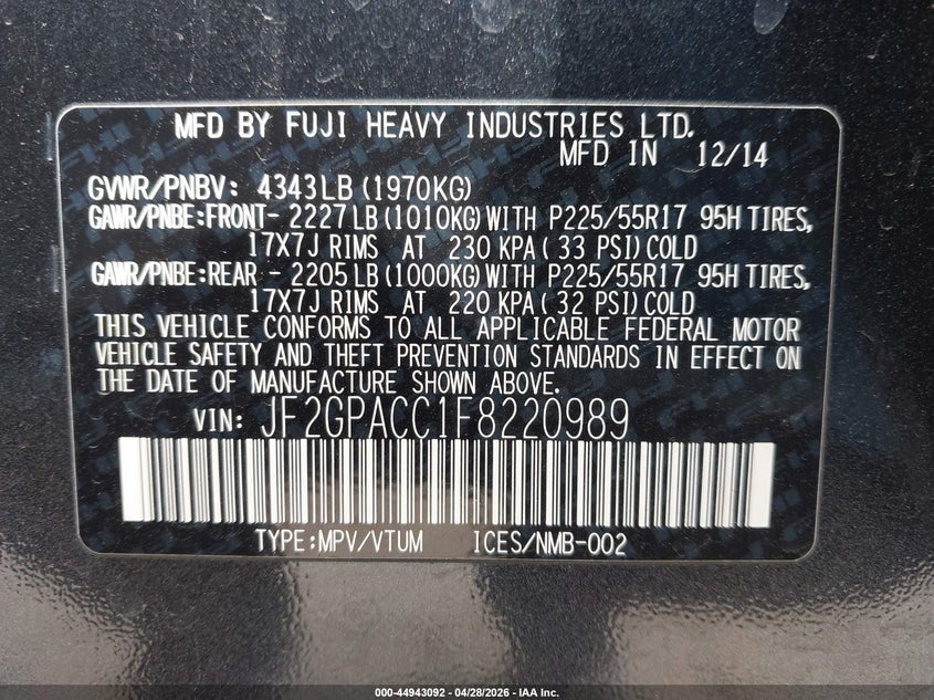 2015 Subaru Xv VIN JF2GPACC1F8220989 IAAI salvage auction — FRONT END, Salvage (New Jersey), sold $1,900 on 2026-07-07 (photo 9)