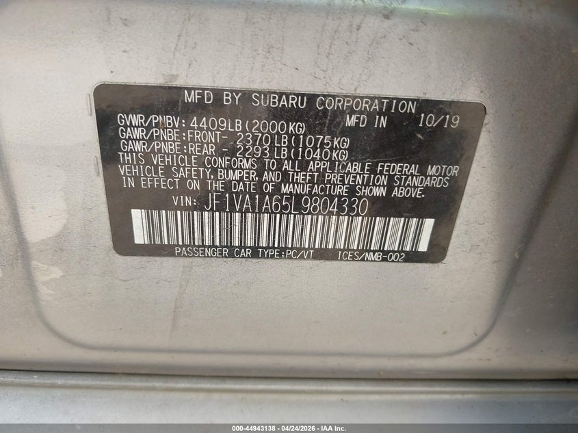 2020 Subaru Wrx VIN JF1VA1A65L9804330 IAAI salvage auction — FRONT END, Original (Texas), sold $4,075 on 2026-07-14 (photo 9)