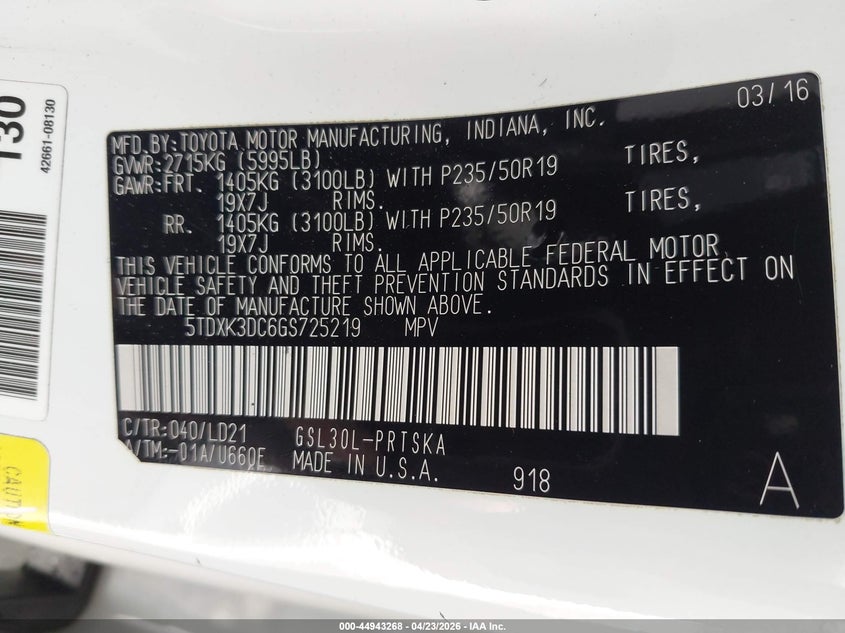 2016 Toyota Sienna VIN 5TDXK3DC6GS725219 IAAI salvage auction — FRONT & REAR, Salvage (California), sold $1,800 on 2026-07-08 (photo 9)