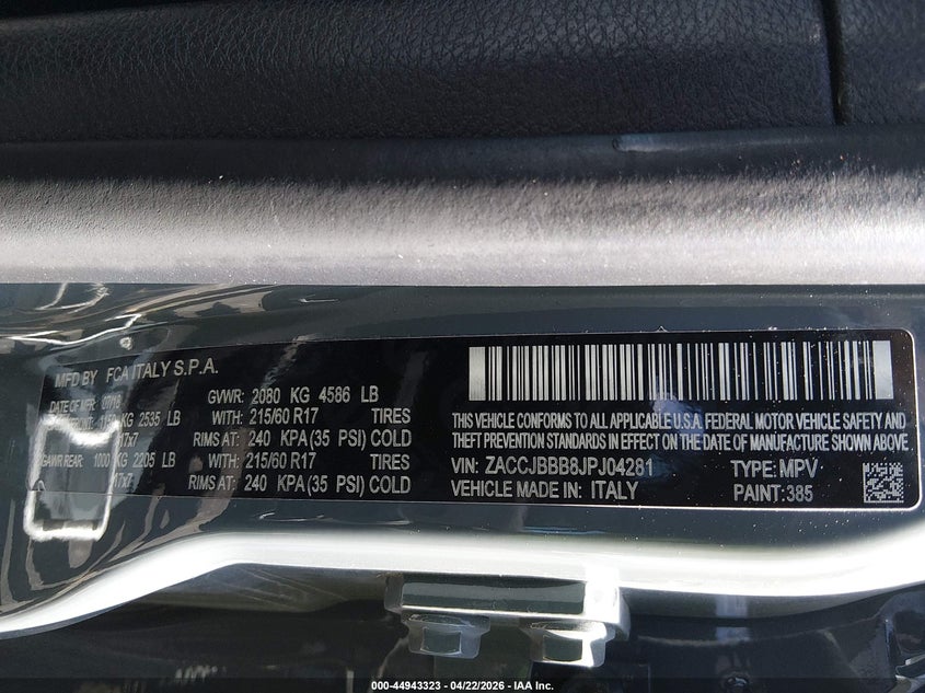 2018 Jeep Renegade VIN ZACCJBBB8JPJ04281 IAAI salvage auction — FRONT END, Salvage (Nevada), sold $2,650 on 2026-08-09 (photo 9)