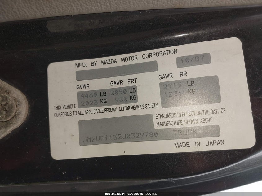 1988 Mazda B2200 VIN JM2UF1132J0329780 IAAI salvage auction — NORMAL WEAR, Clear - Dealer Only (California), sold $125 on 2026-07-21 (photo 9)