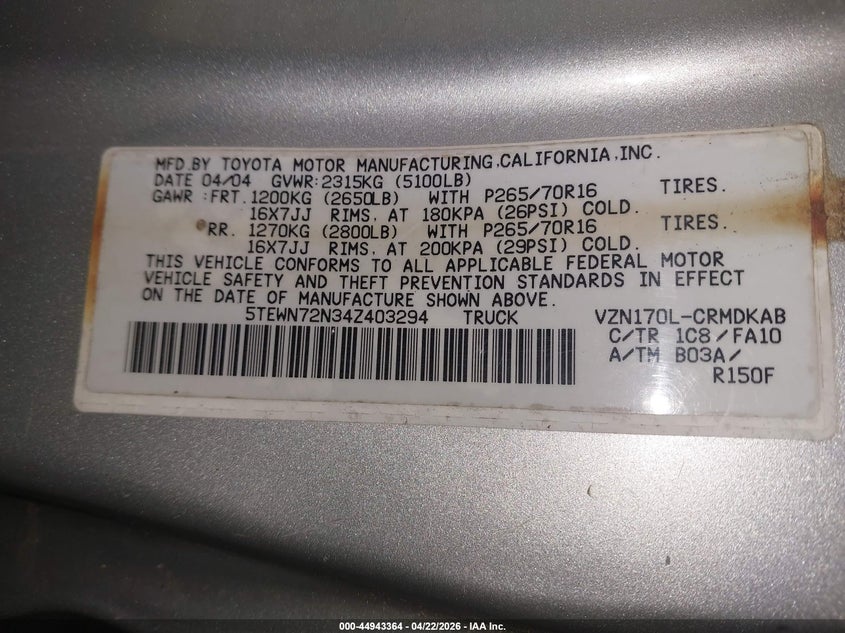 2004 Toyota Tacoma VIN 5TEWN72N34Z403294 IAAI salvage auction — NORMAL WEAR, Clear (New York), sold $4,250 on 2026-07-08 (photo 9)