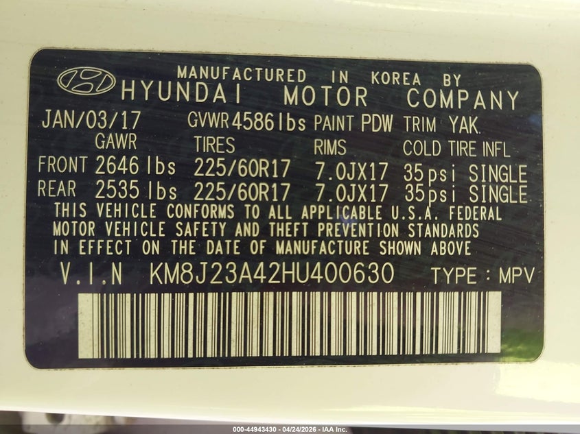 2017 Hyundai Tucson VIN KM8J23A42HU400630 IAAI salvage auction — FRONT END, Salvage Title, sold $2,650 on 2026-07-23 (photo 9)