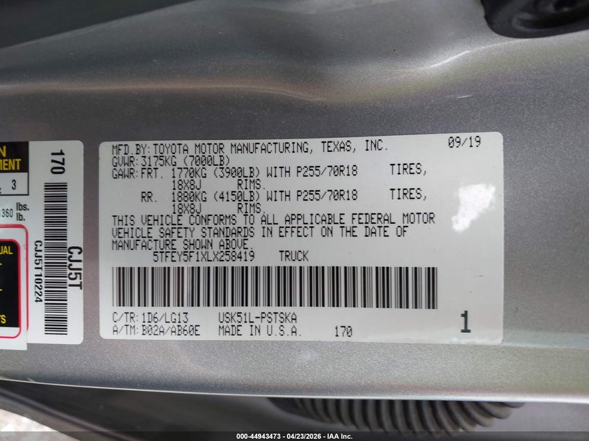 2020 Toyota Tundra VIN 5TFEY5F1XLX258419 IAAI salvage auction — SIDE, Original (Texas), sold $12,650 on 2026-07-14 (photo 9)