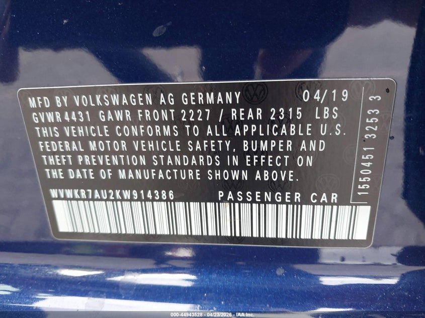 2019 Volkswagen E-golf VIN WVWKR7AU2KW914386 IAAI salvage auction — REAR END, Wait Title, sold $3,950 on 2026-07-16 (photo 9)