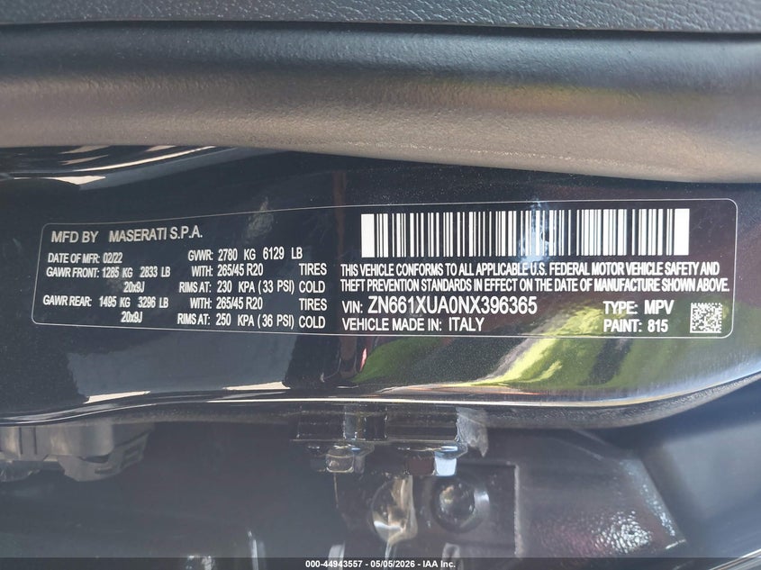 2022 Maserati Levante VIN ZN661XUA0NX396365 IAAI salvage auction — LEFT SIDE, Mv-907A (New York), sold $16,500 on 2026-07-21 (photo 9)