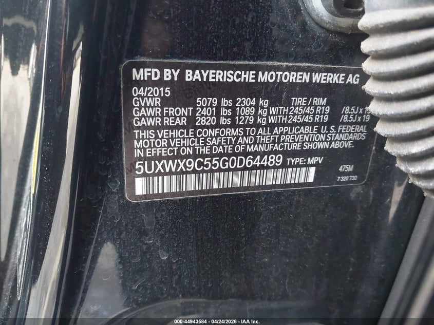 2016 BMW X3 VIN 5UXWX9C55G0D64489 IAAI salvage auction — RIGHT SIDE, Salvage (California), sold $2,750 on 2026-07-09 (photo 9)