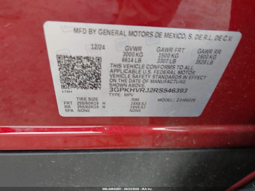 2024 Honda Prologue VIN 3GPKHVRJ2RS546393 IAAI salvage auction — FRONT & REAR, Salvage Title, sold $7,800 on 2026-07-16 (photo 9)