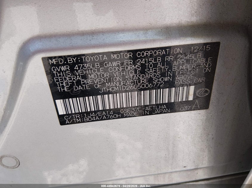 2016 Lexus Is VIN JTHCM1D26G5006772 IAAI salvage auction — REAR END, Salvage (Alabama), sold $3,850 on 2026-07-09 (photo 9)